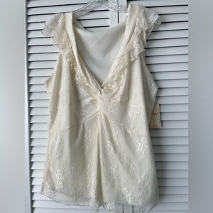 New Vol. 1 Woman 1X Cream Lace Ruffled V-Neck Sleeveless Fit and Flare Blouse